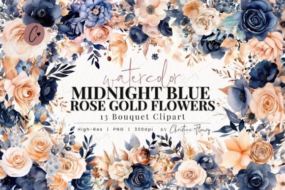Download Midnight Blue &amp; Rose Gold Flower Clipart - Premium Resources